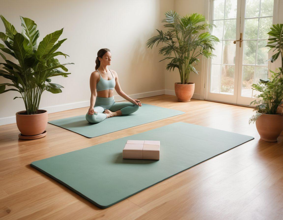 A serene indoor rehabilitation space featuring a person doing gentle stretching exercises on a yoga mat, surrounded by plants and soft natural light. Include symbols of wellness like a water bottle, yoga blocks, and a journal with notes. The atmosphere should convey calmness and focus, promoting physical and mental healing. soft pastel colors. super-realistic.