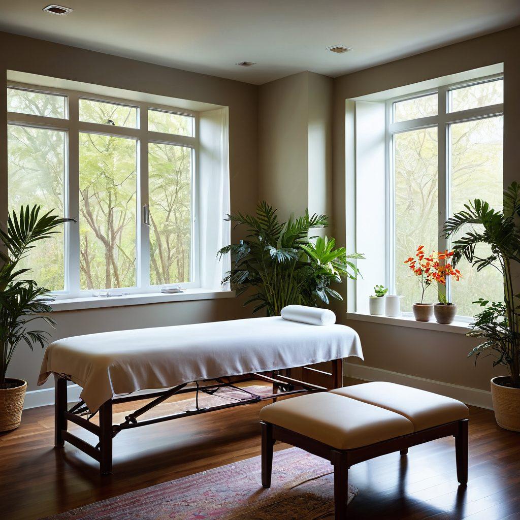 A serene therapy room with natural light filtering through large windows, featuring a comfortable massage table, colorful plants, and a wall adorned with health tips. A physiotherapist gently assisting a patient in a peaceful, supportive manner, showcasing hope and recovery. Soft textures and calming colors evoke a sense of healing. super-realistic. vibrant colors. warm lighting.