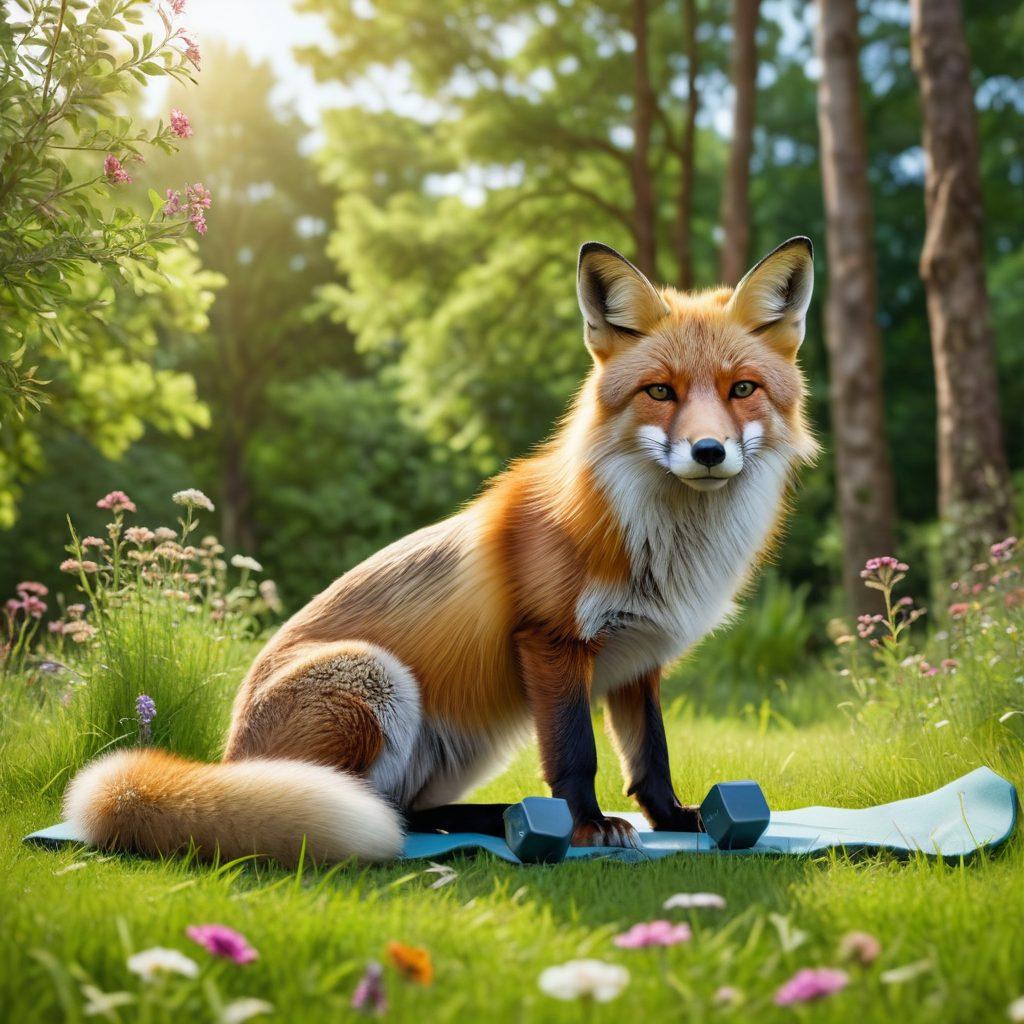 A serene fox gently stretching on a soft green meadow, surrounded by healing herbs and fitness equipment like dumbbells and yoga mats. The fox represents recovery and wellness, with a backdrop of trees and a clear blue sky symbolizing nature's support in rehabilitation. Incorporate soothing colors to evoke a sense of calm and healing. super-realistic. vibrant colors. nature-inspired.